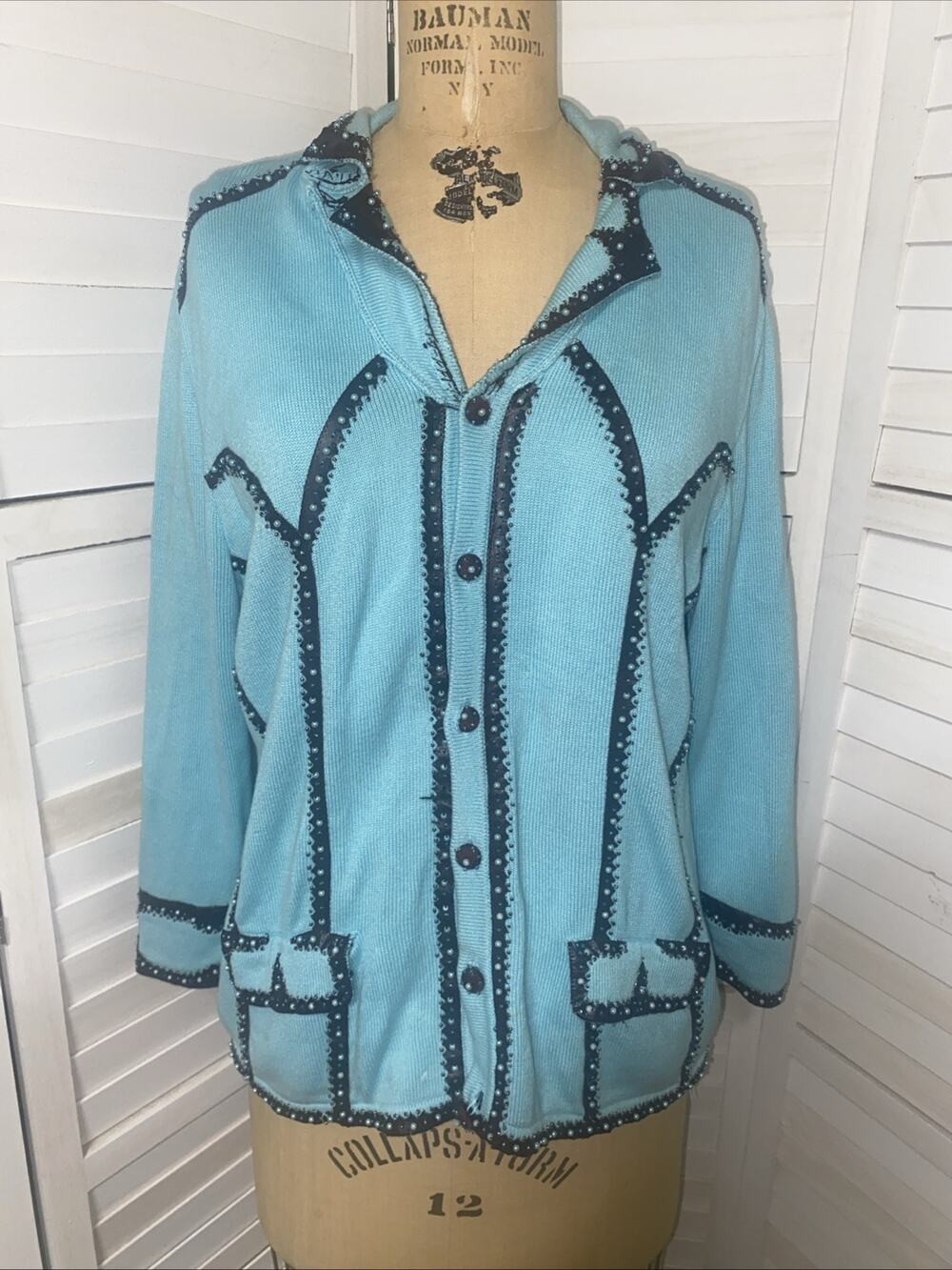 Just B XL Teal Long Sleeve Knit Sweater Shirt Top Beaded Western Rodeo
